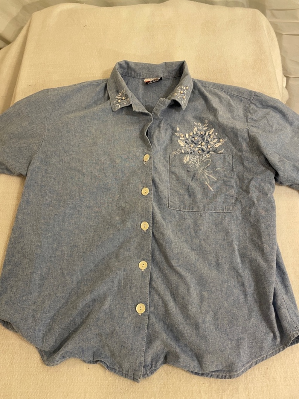 Light Blue Embroidered Button-Down Shirt with Floral Pocket